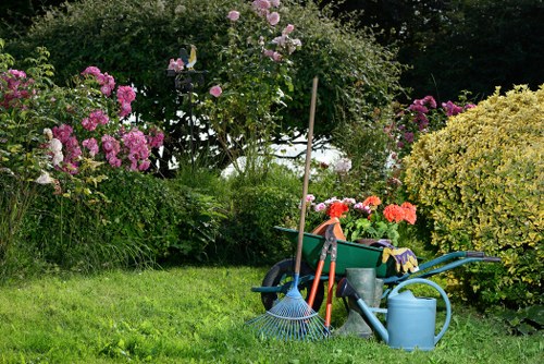 Soft landscaping for a Highgate property entrance with neat shrubs and mulch